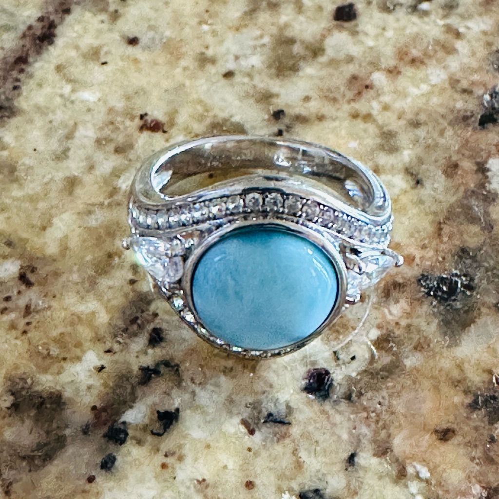Larimar Stone In Sterling Silver Ring With Sm. Accent & Tear-Shaped Clear Stones